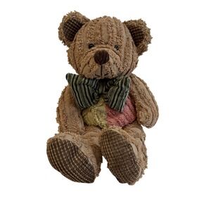 Textured Patchwork Teddy Bear Plush Brown Pink Green Bow Tie Shabby Chic